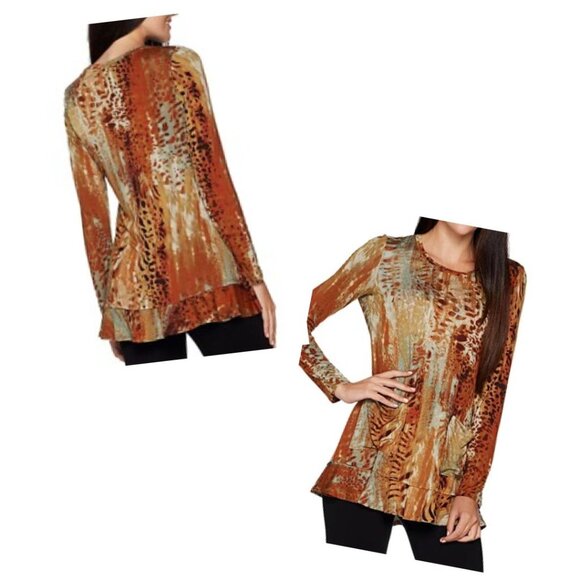 LOGO by LORI GOLDSTEIN Long Sleeve Animal Print Jersey Tunic Ruffle, Rust - M - Picture 12 of 12